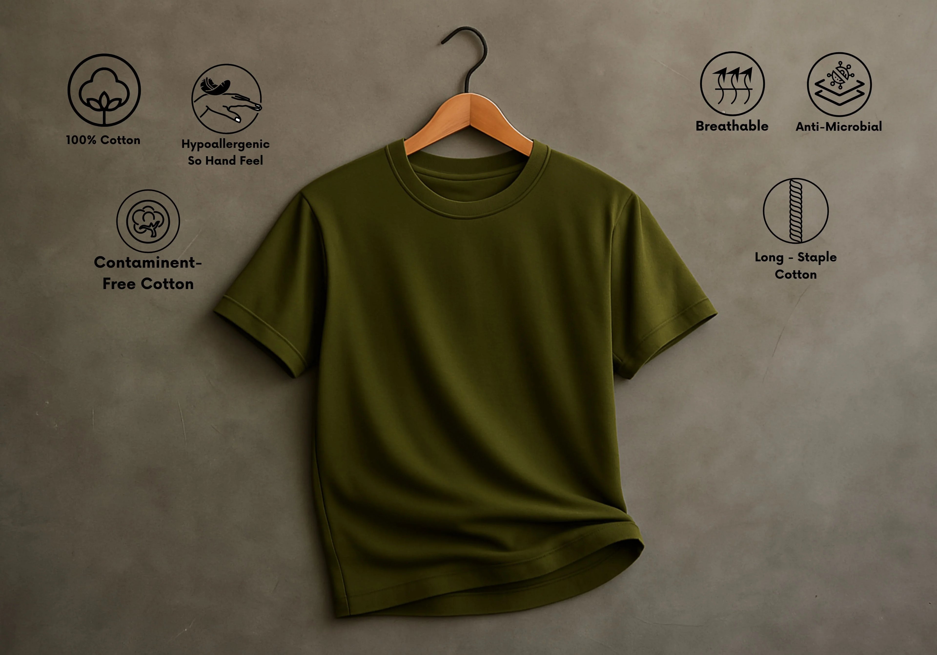 Green t-shirt on a hanger with sustainability icons on a brown background