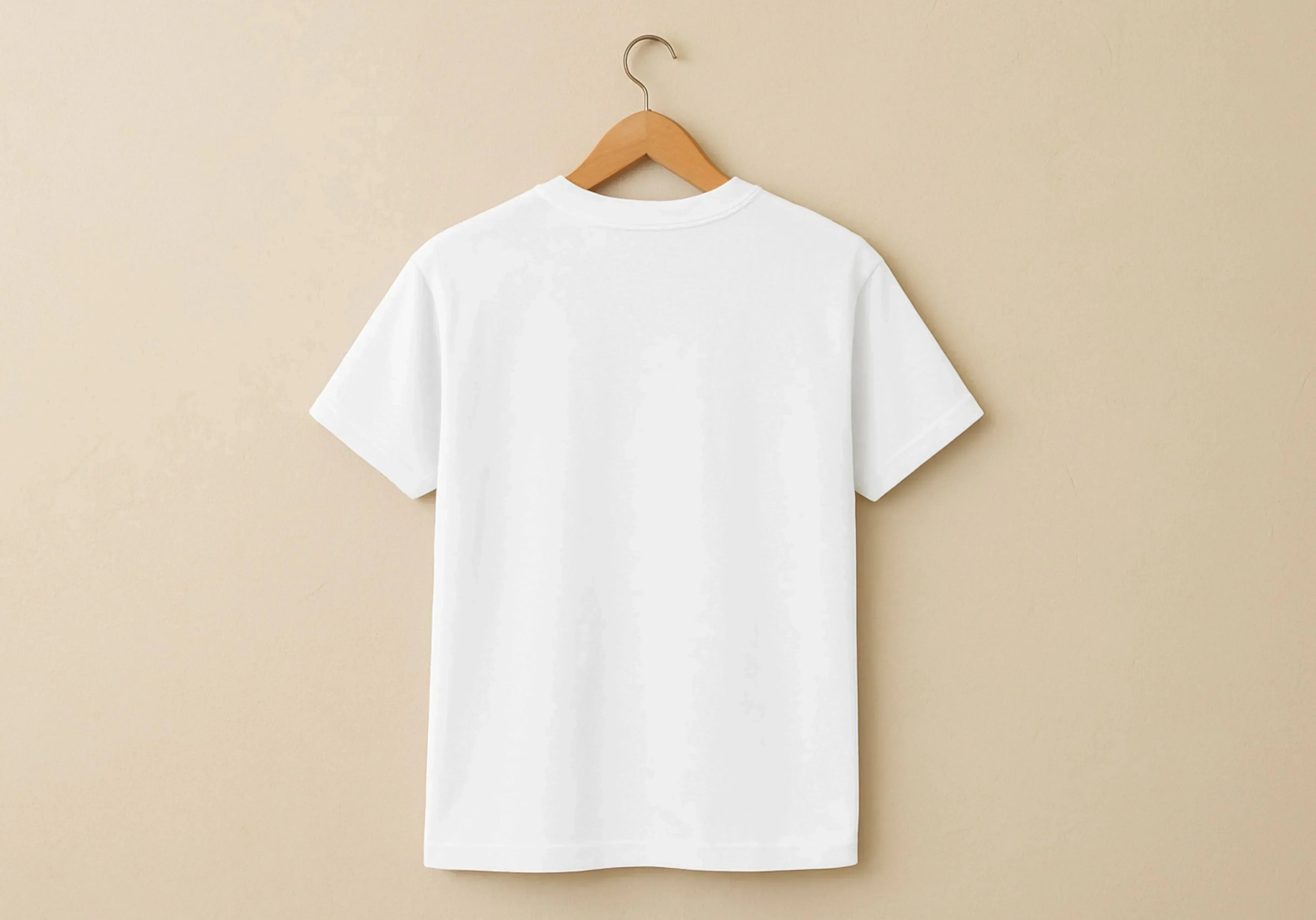 White t-shirt on a wooden hanger against a beige background