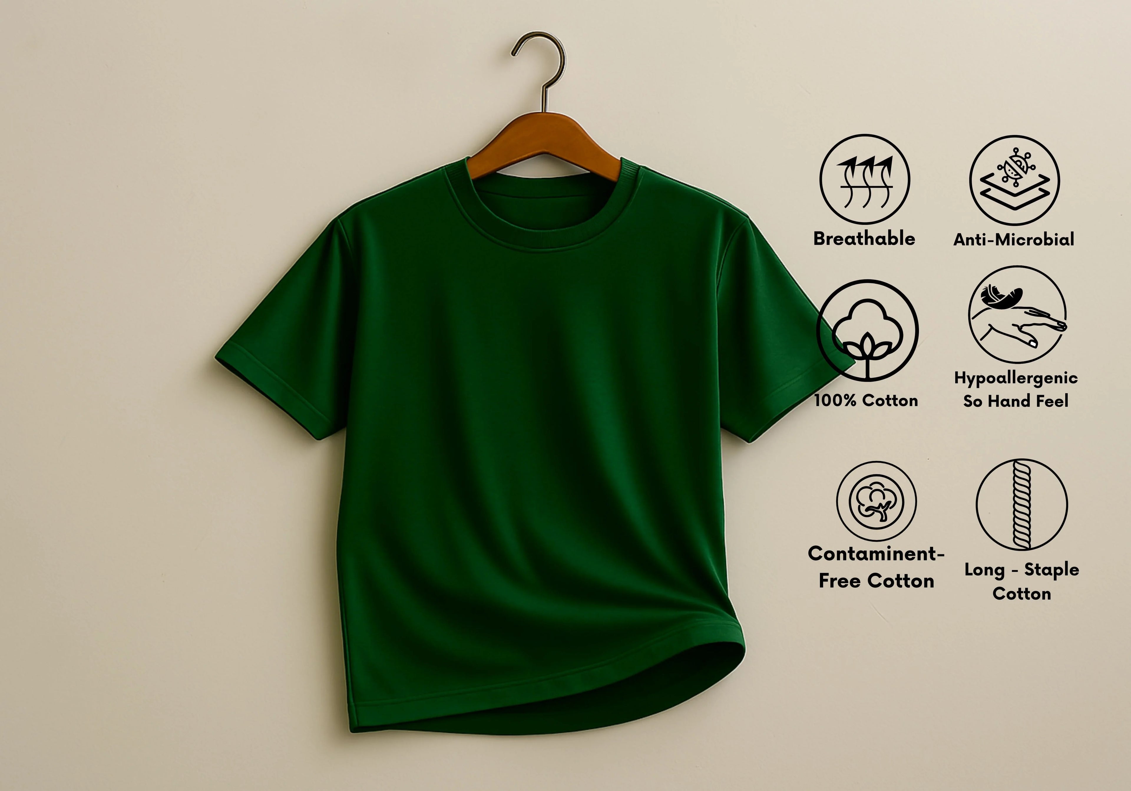 Green t-shirt on a hanger with health and comfort features listed.