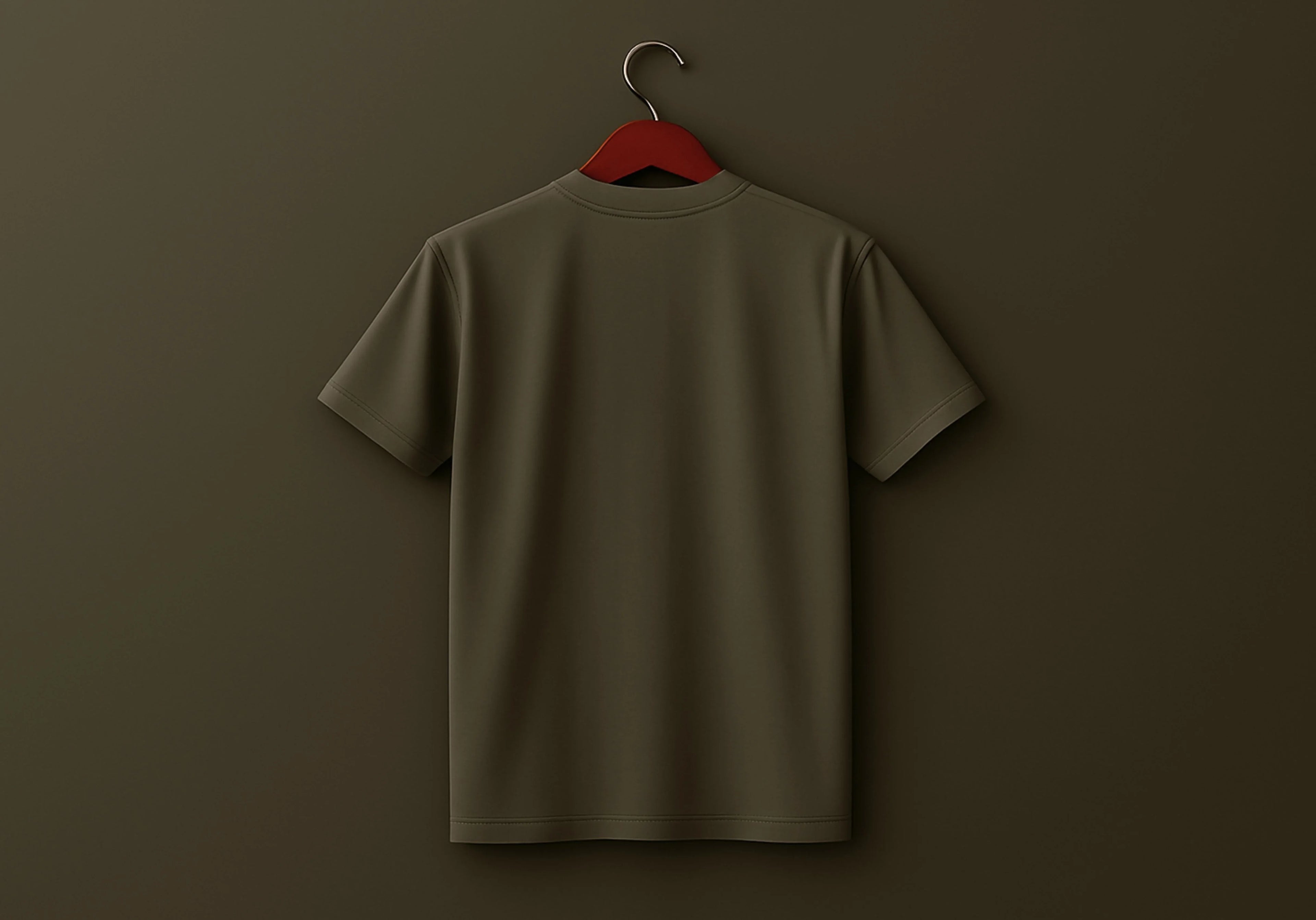 Brown t-shirt on a red hanger against a brown background