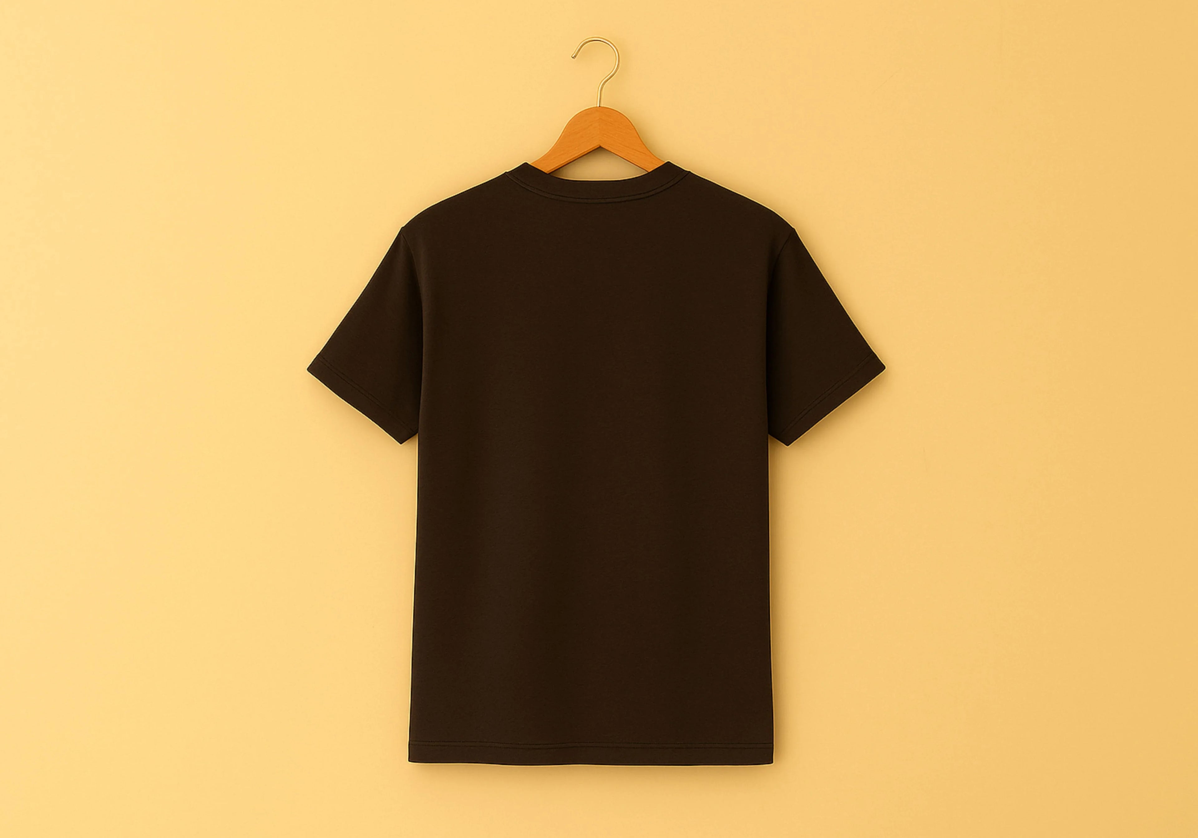 Brown t-shirt on a wooden hanger against a yellow background