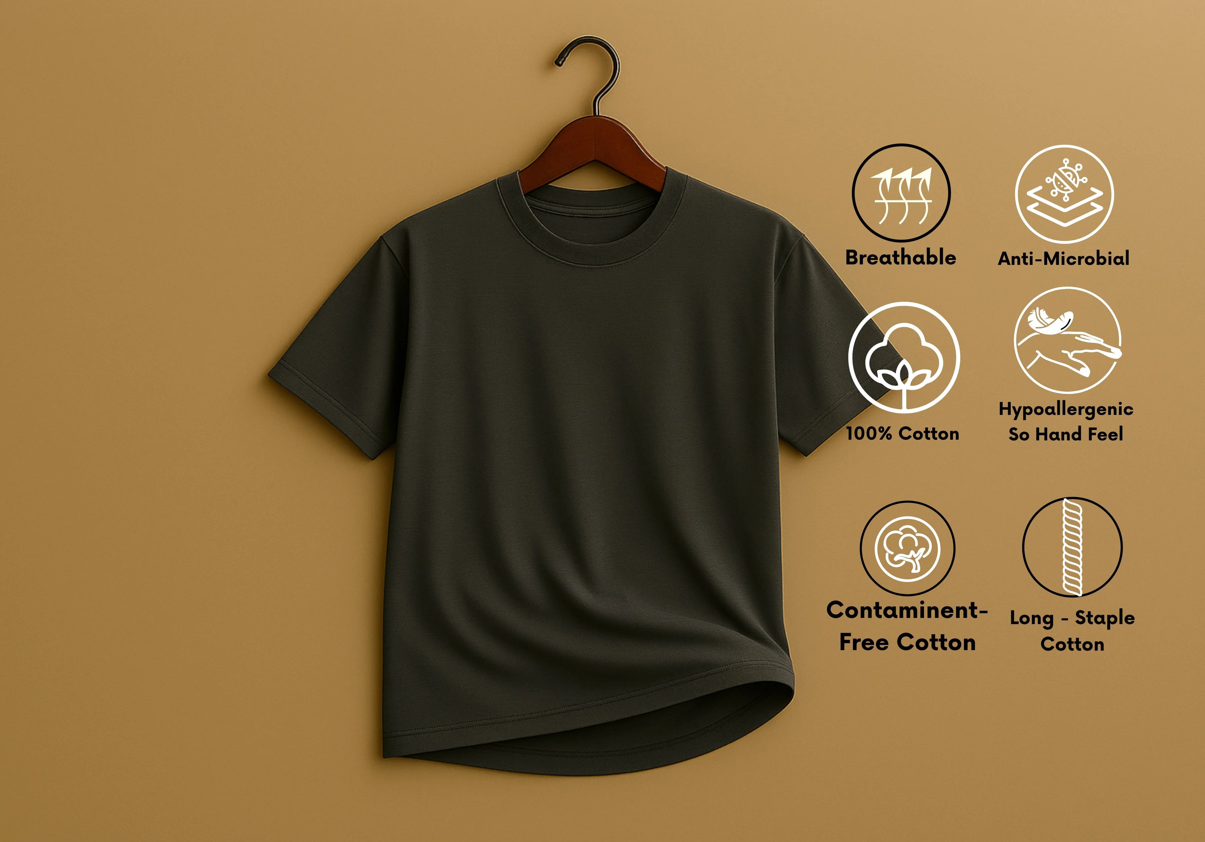 Black t-shirt on a hanger with health and comfort features on a brown background