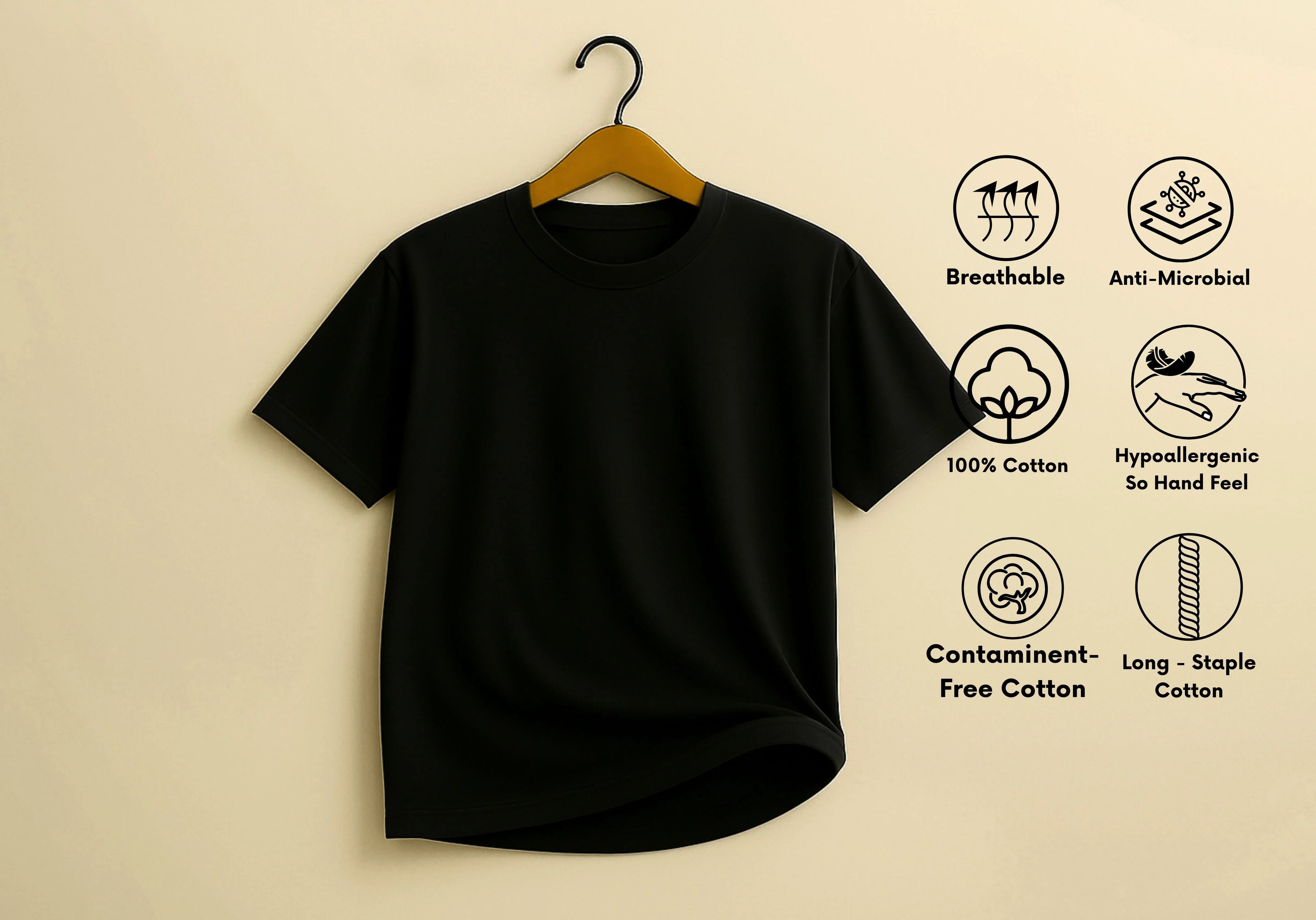 Black t-shirt on a hanger with health and comfort features listed on a beige background