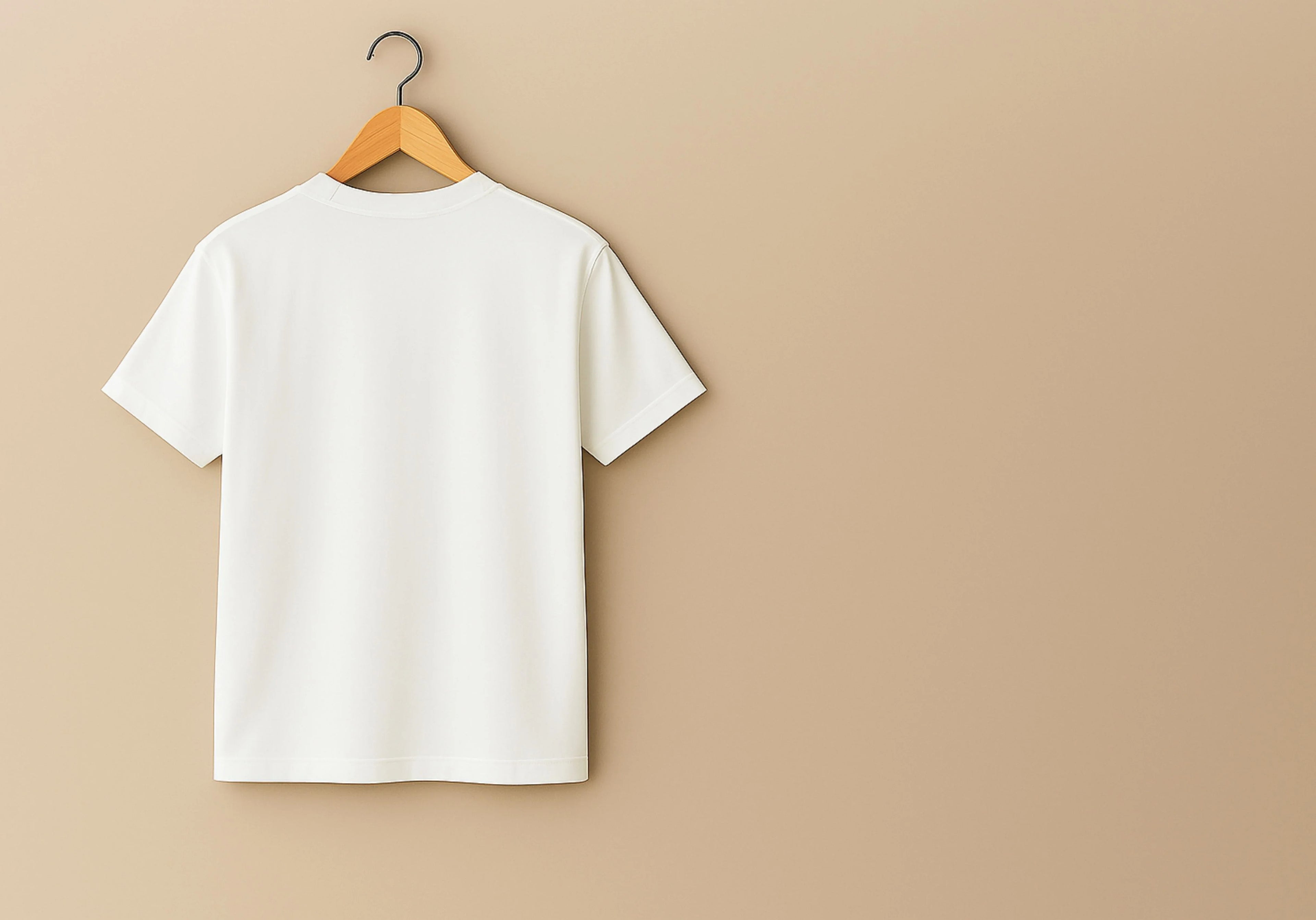 White t-shirt on a wooden hanger against a beige background