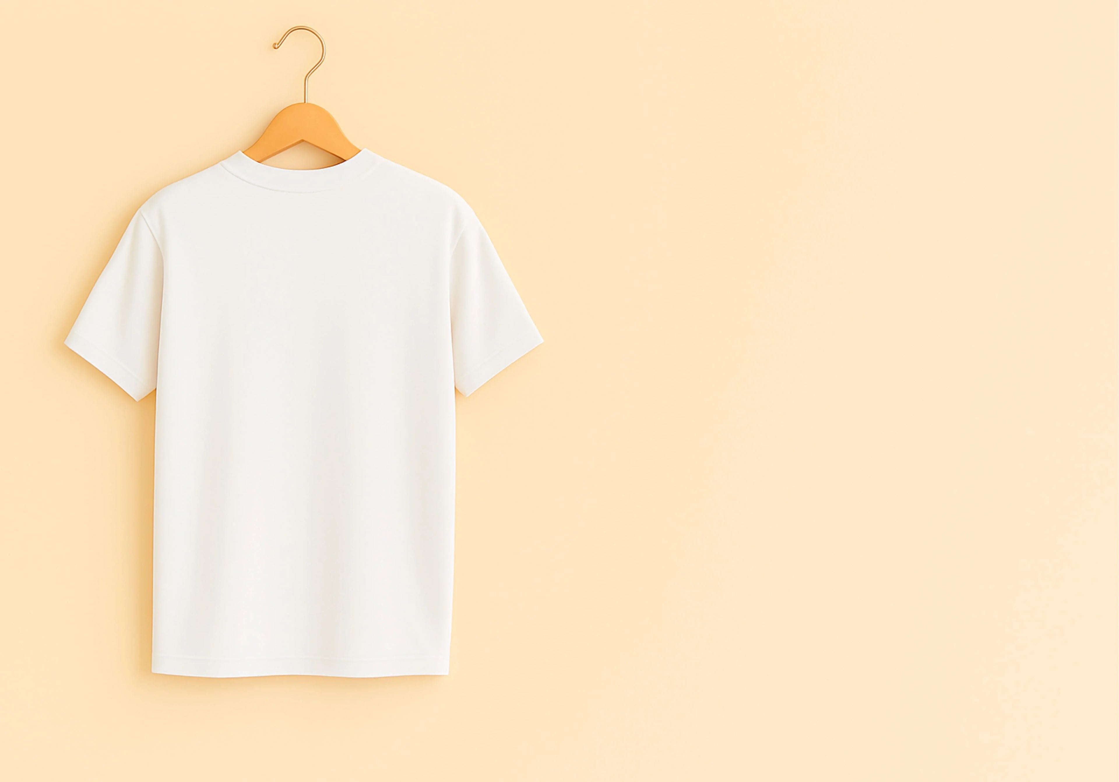 White t-shirt on a wooden hanger against a beige background