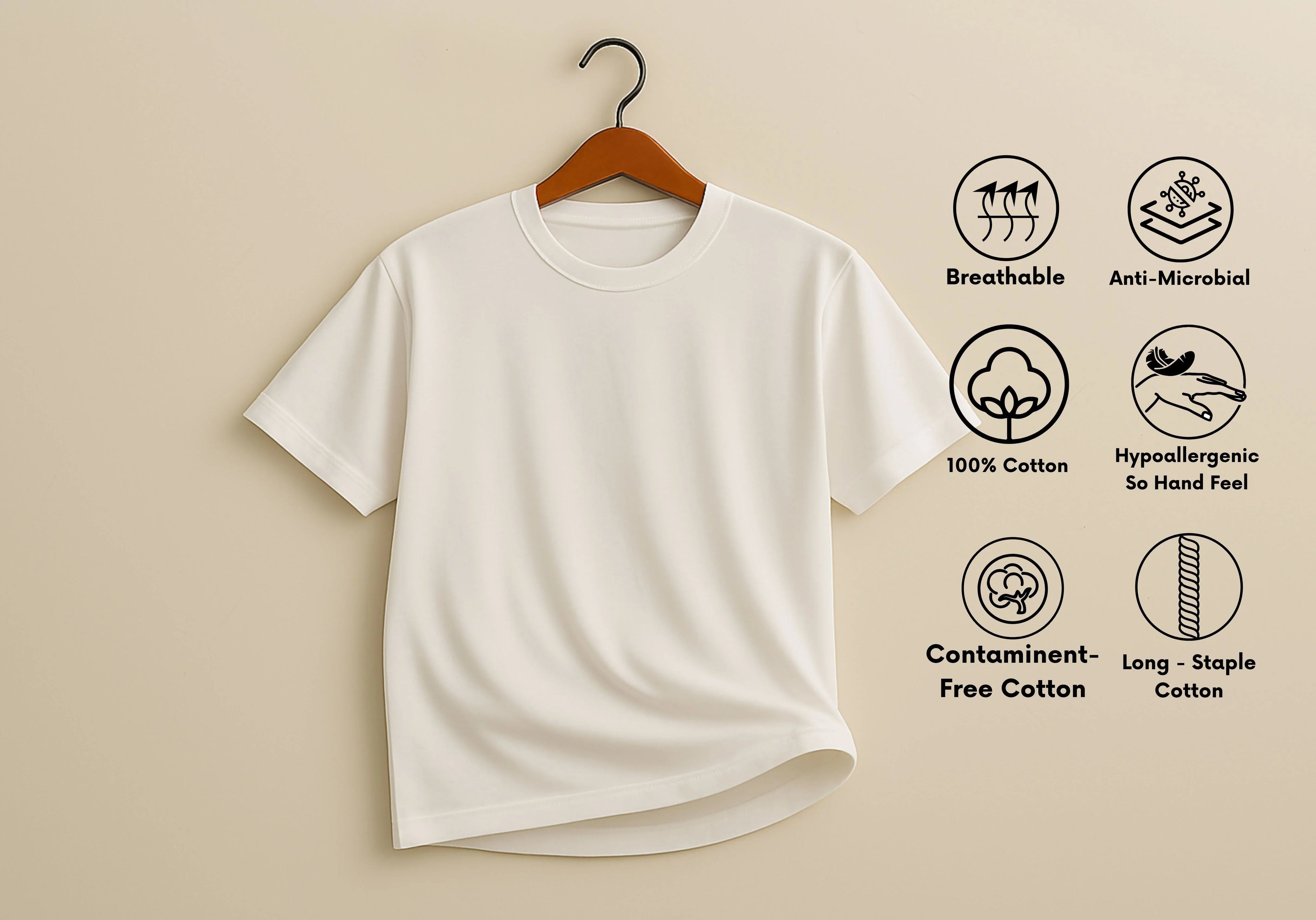 White t-shirt on a hanger with health and comfort features listed.