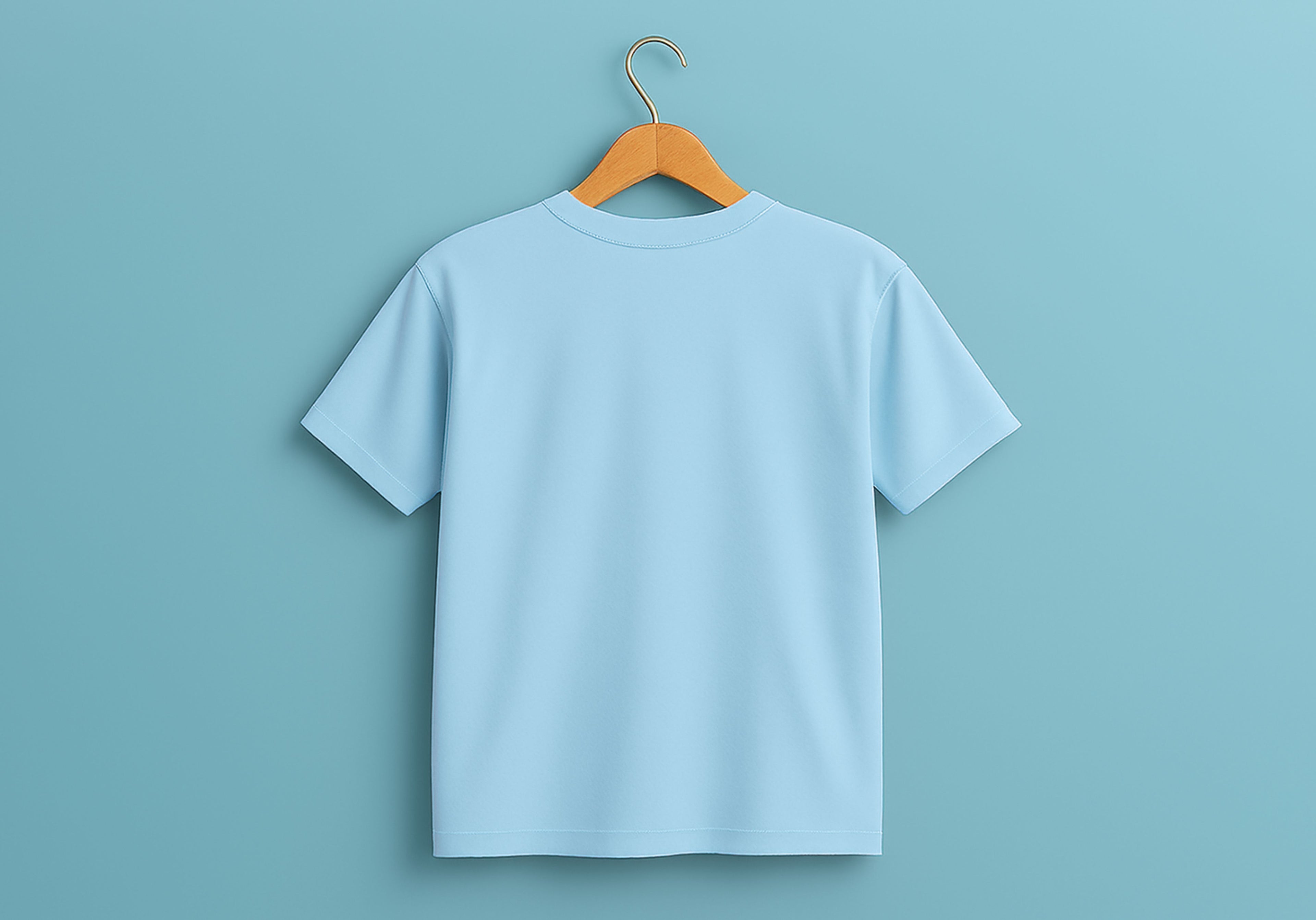 Mint t-shirt on a wooden hanger against a solid light blue background