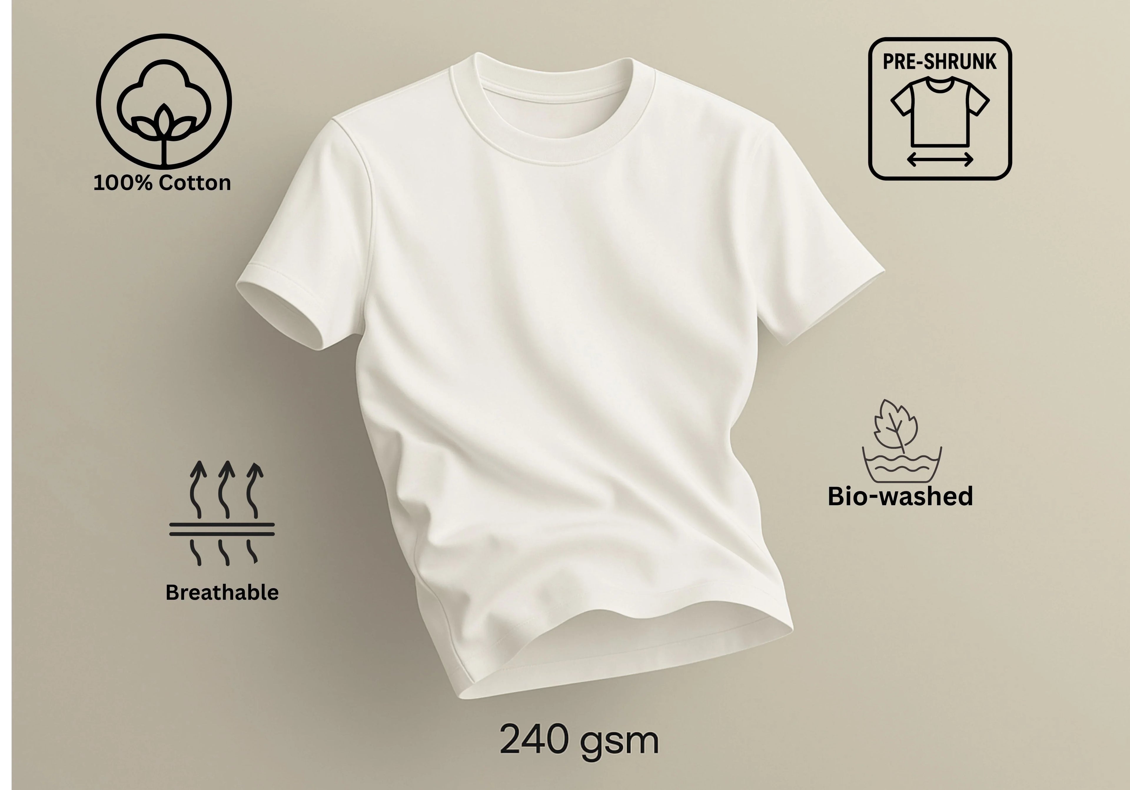 White t-shirt with sustainability icons and text on a beige background