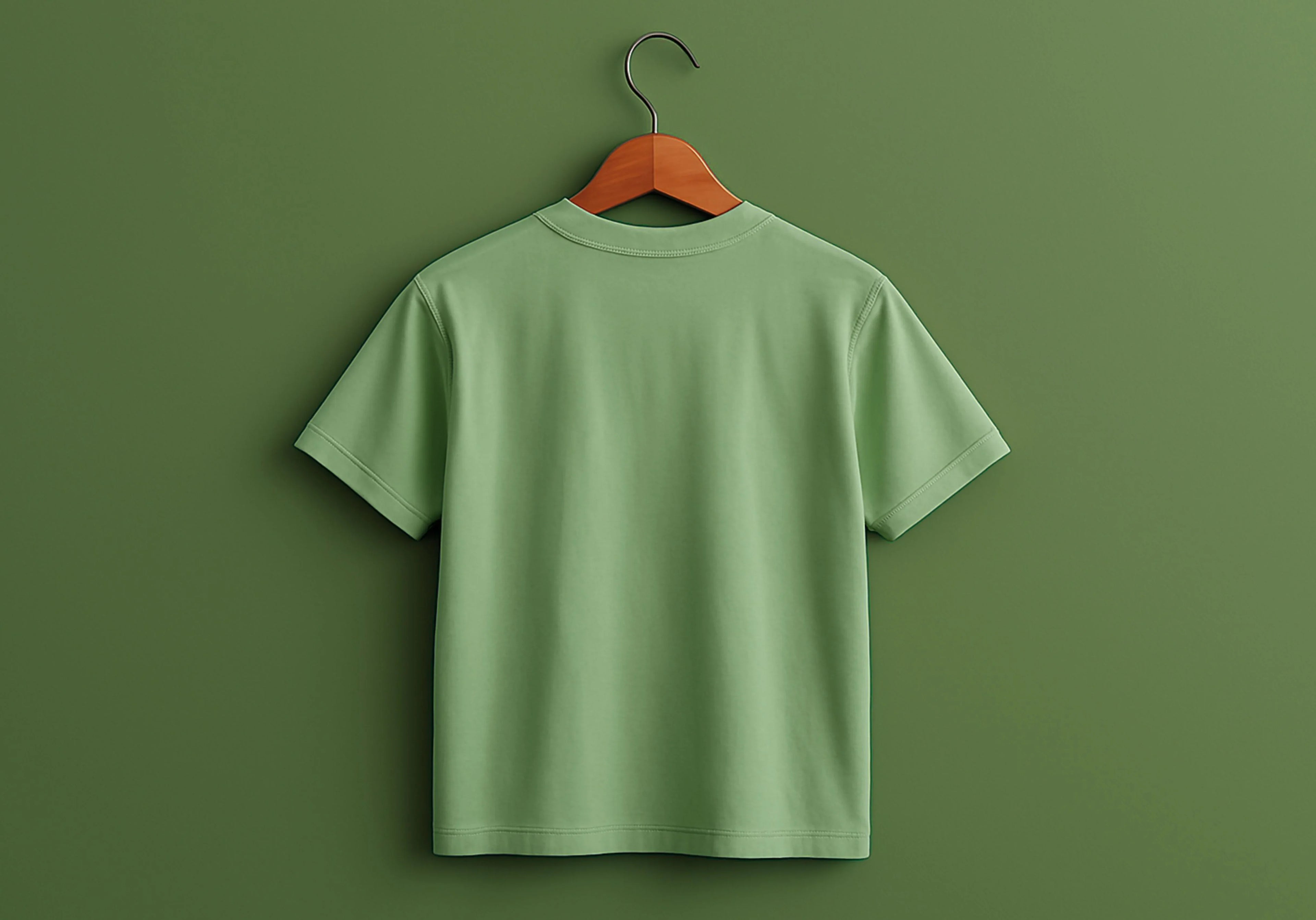 Green t-shirt on a hanger against a green background