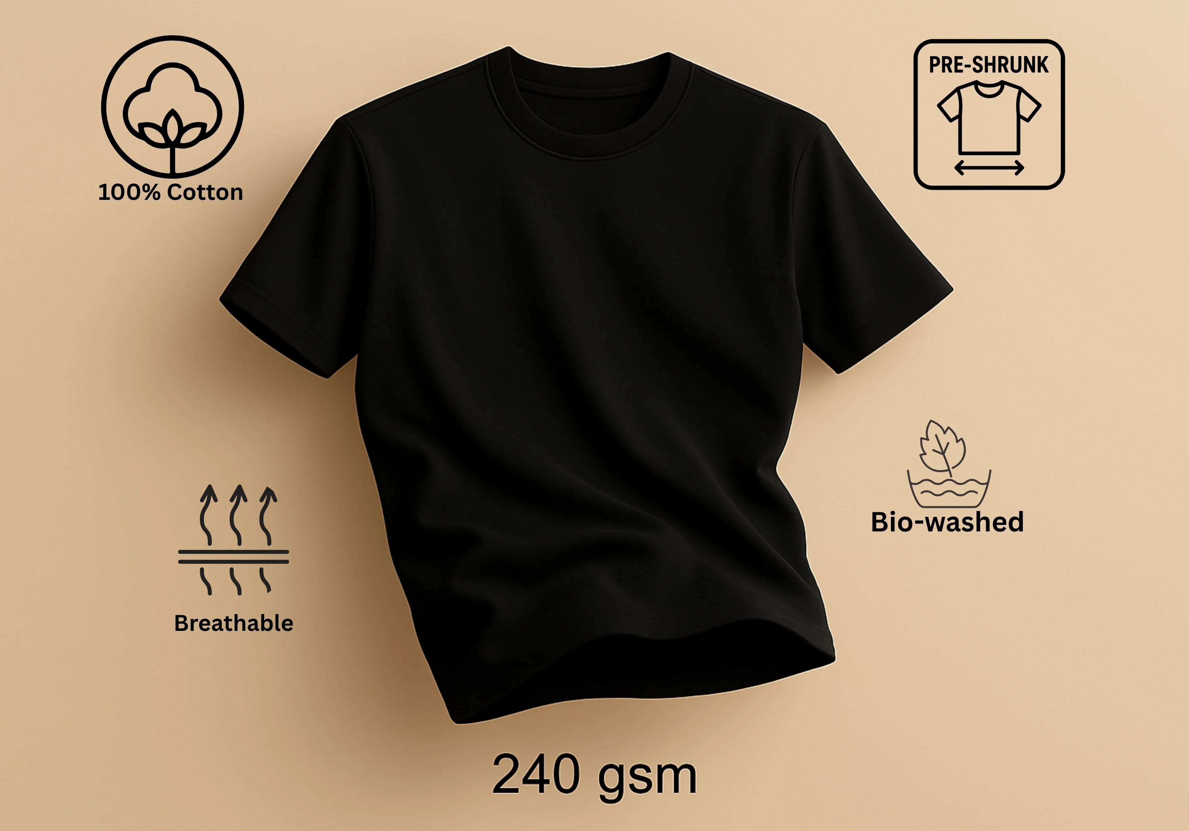 Black t-shirt with fabric quality icons on a beige background