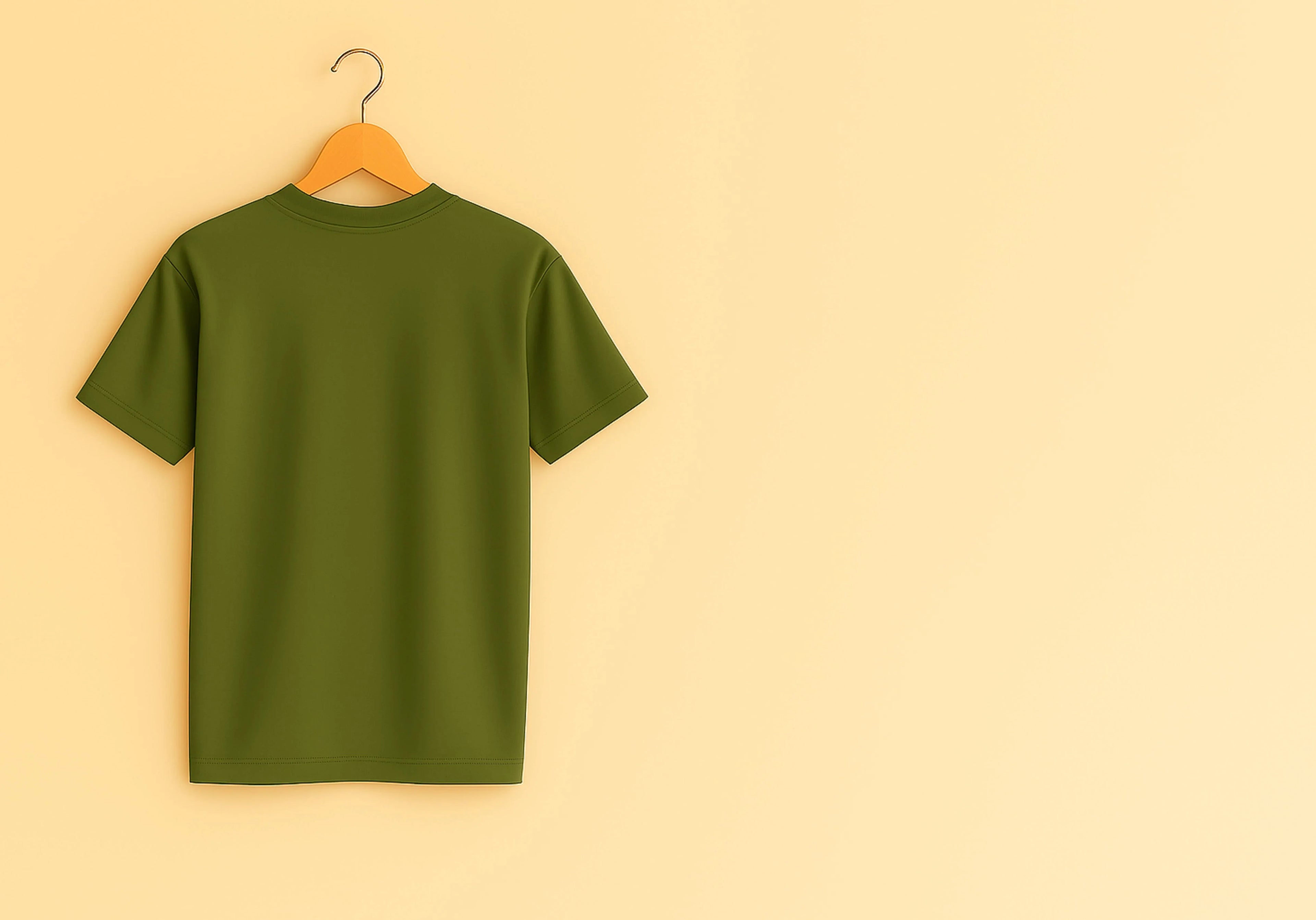 Green t-shirt on a wooden hanger against a beige background