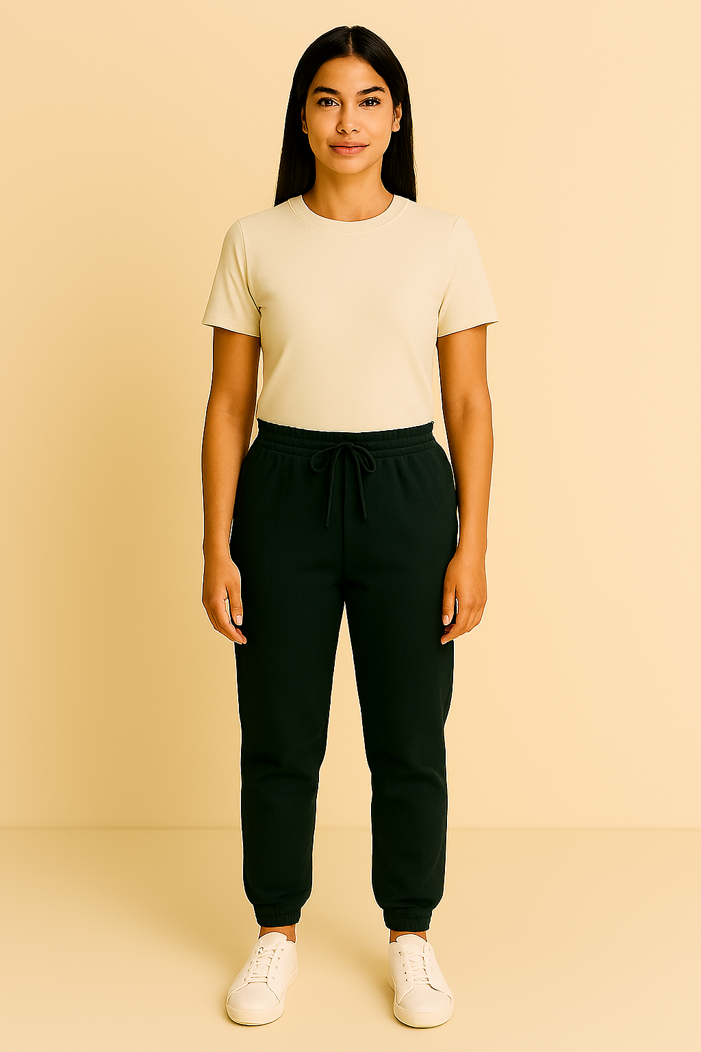 Woman wearing a beige t-shirt and bottle green jogger pants on a beige background