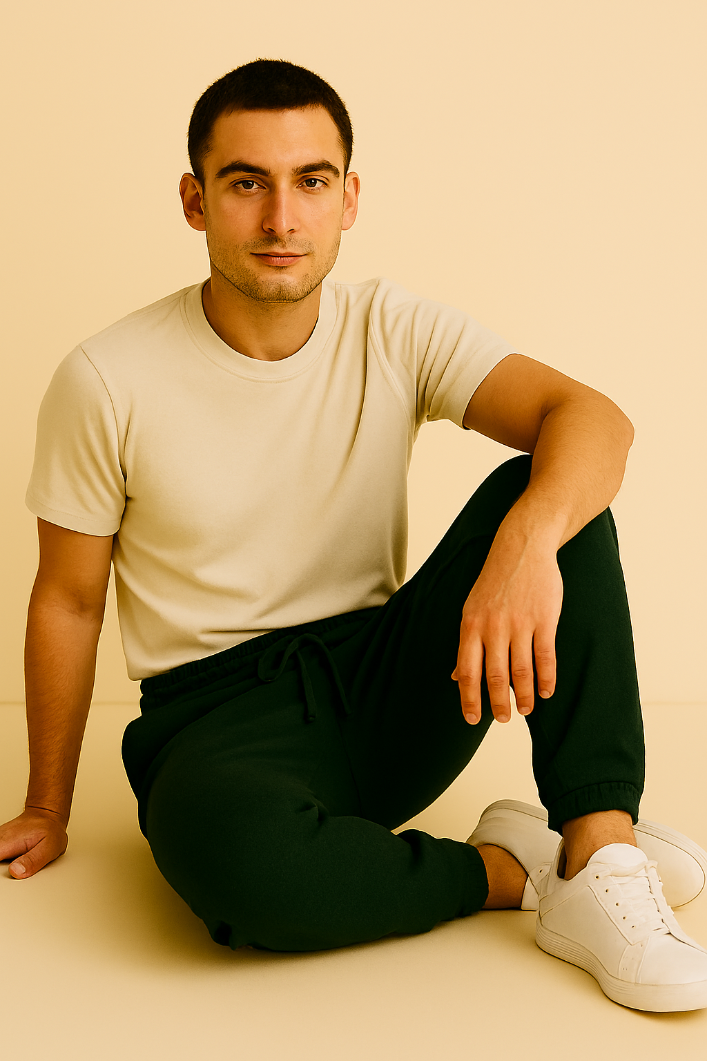 Man sitting on a beige floor wearing a light-colored t-shirt, dark green  joggers, and white sneakers.