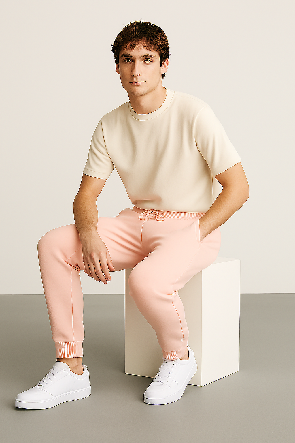 Man wearing a beige t-shirt and pink pants sitting on a white block against a plain background