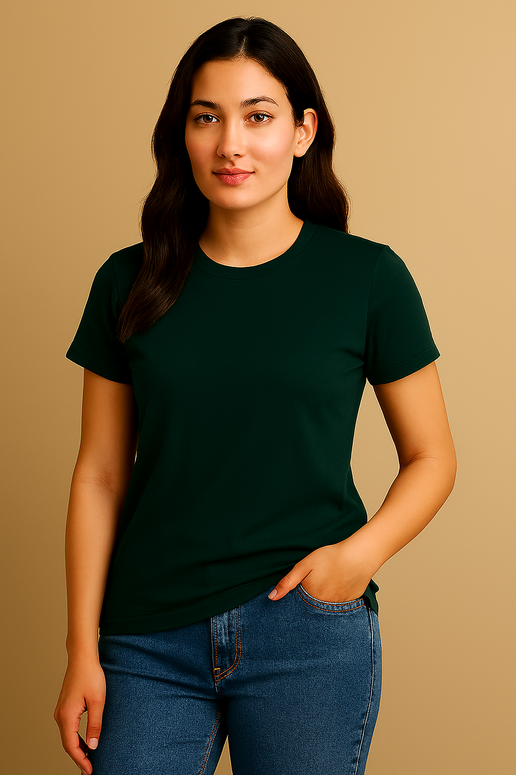 Woman wearing a dark green t-shirt and blue jeans against a beige background