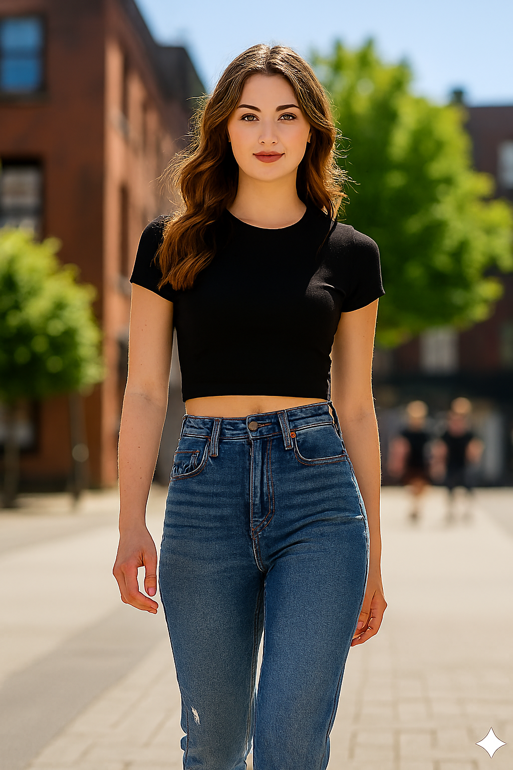 Woman wearing a black crop top and blue jeans standing on a street with buildings and trees in the background.