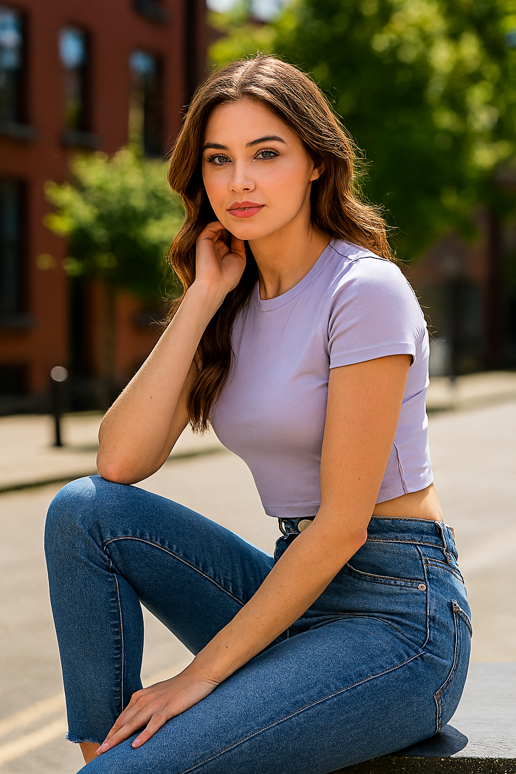 Woman sitting outdoors wearing a light purple t-shirt and blue jeans.