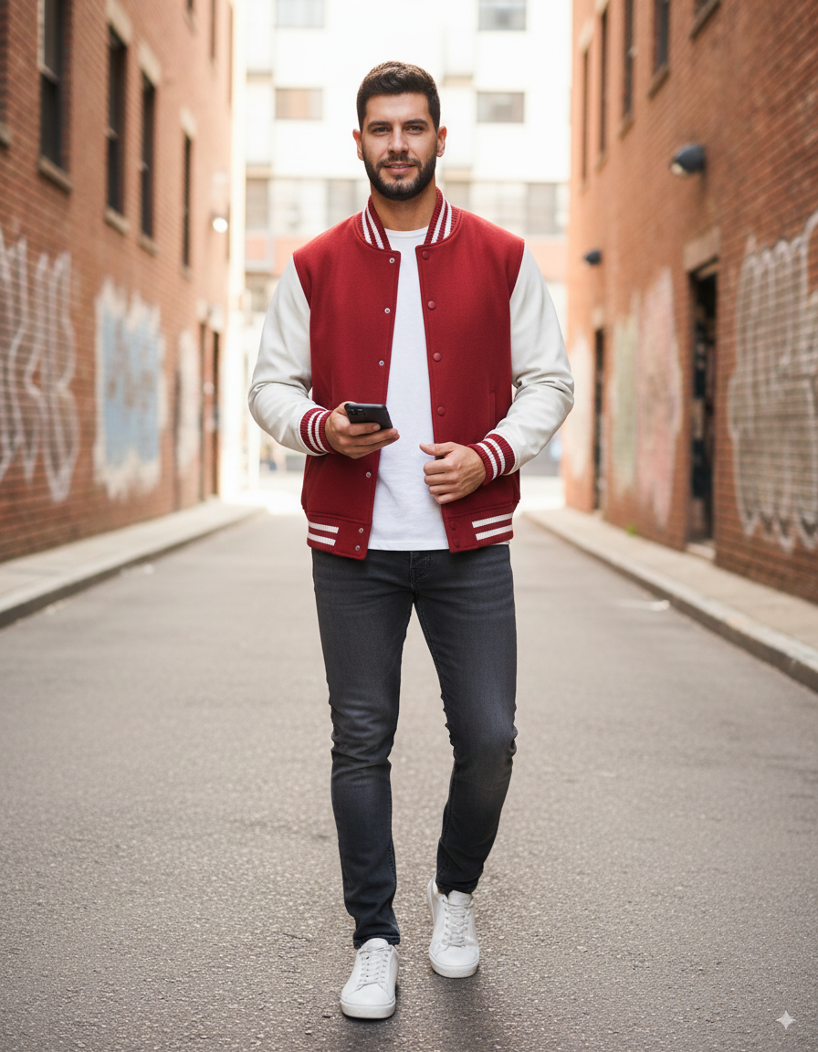 Man wearing a red and white varsity jacket in an urban alleyway